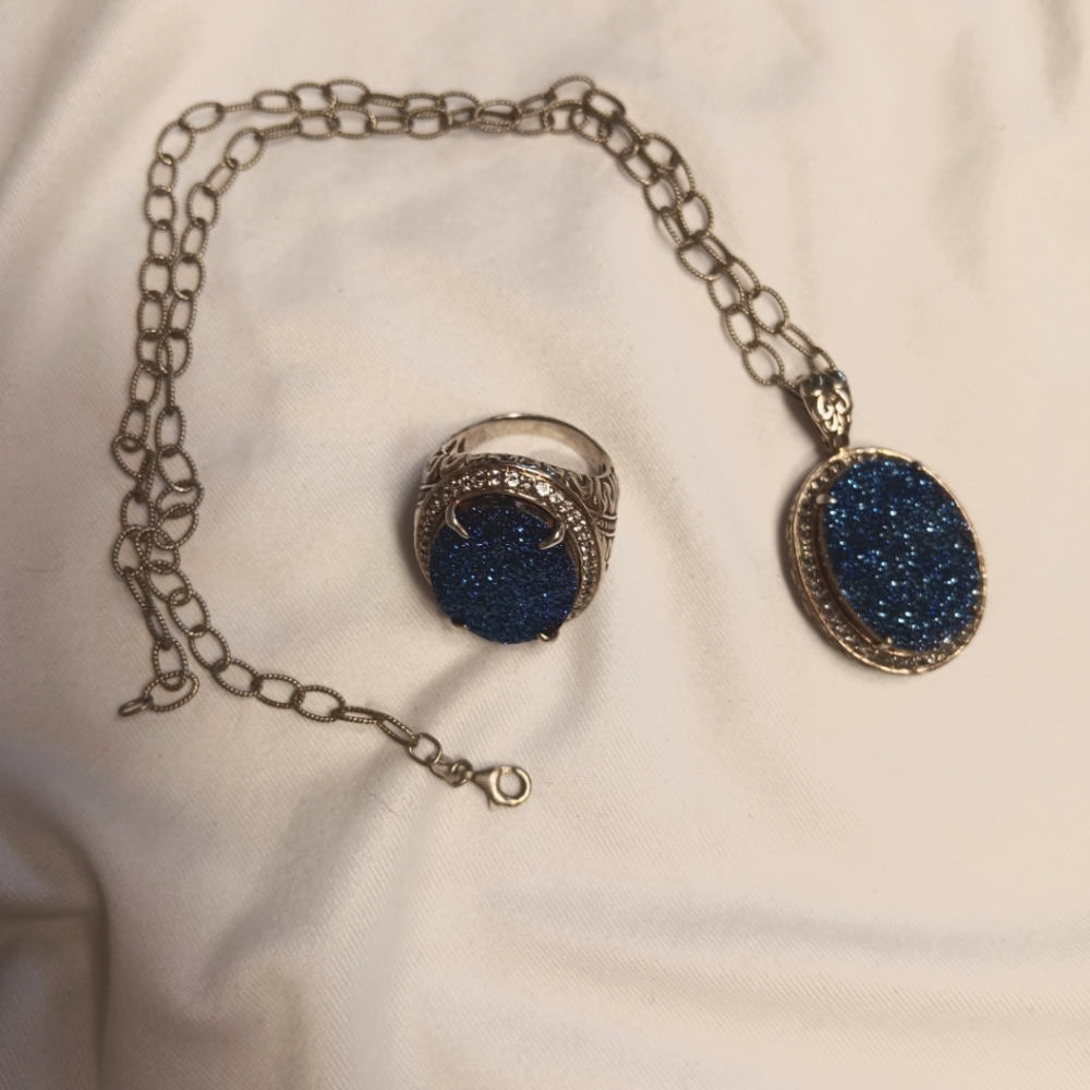 Ring and Pendant combo Alchemia Cobalt Druse Sparkle Glitter Blue and Silver 925